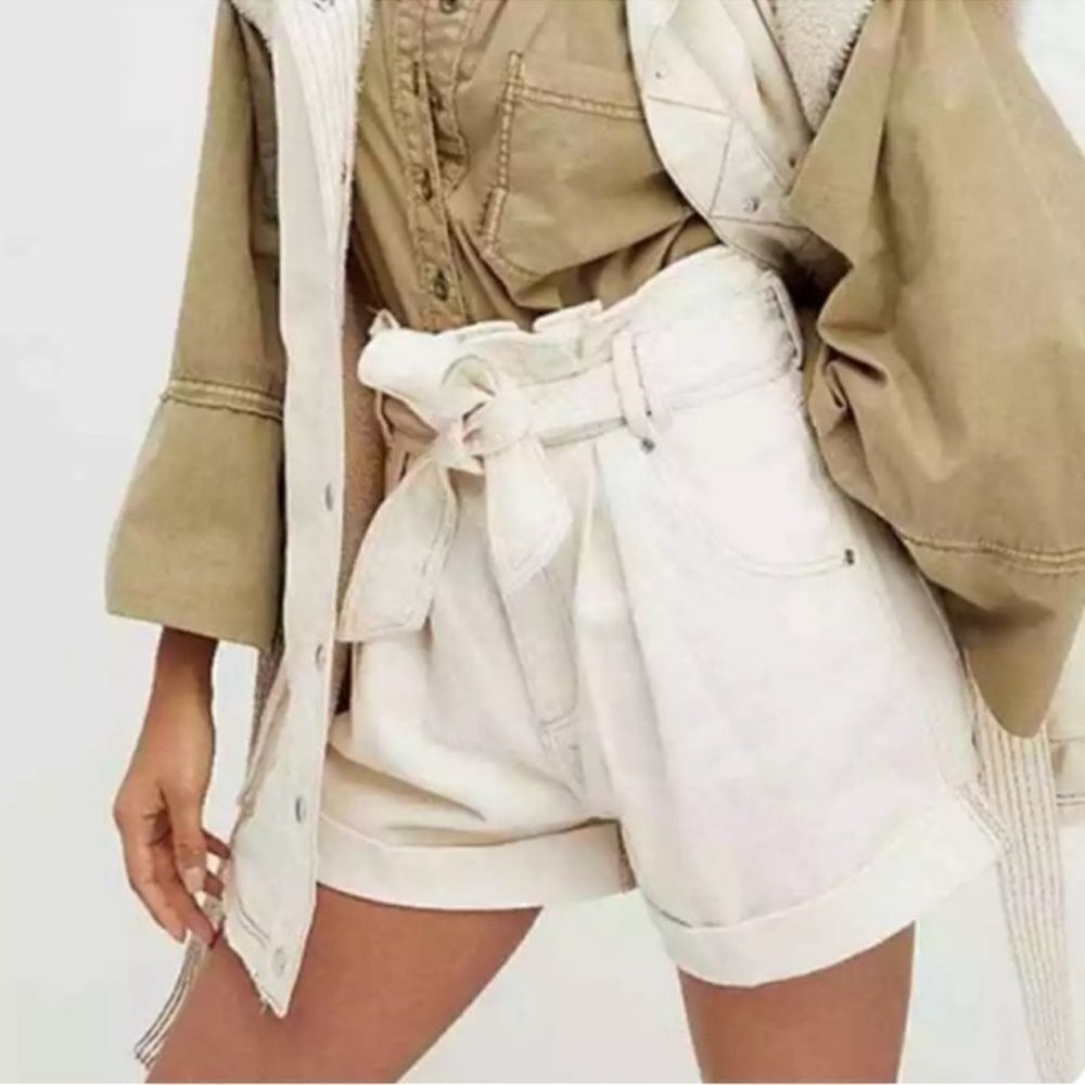 We The Free M Nova Ivory Paper Bag High Ruffle Waist Belted Cuffed Denim Shorts